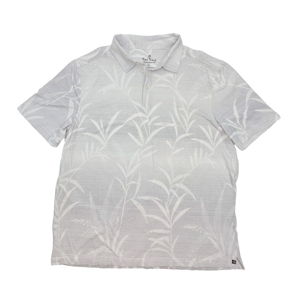 Nat Nast Polo Shirt Golf Men Sz XL Gray White Stripe Leaf Print Short Sleeve